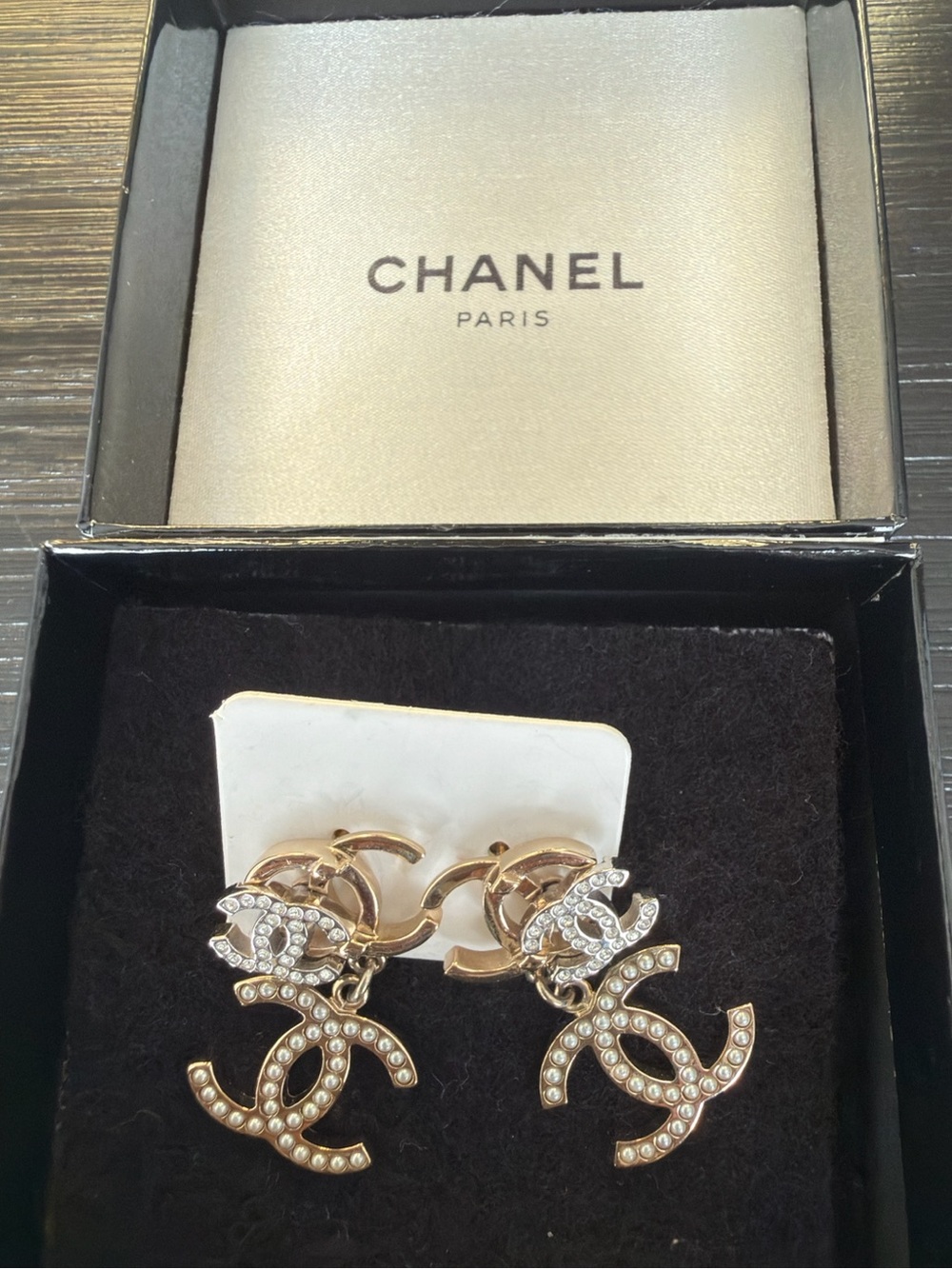 Chanel CC Pierced Crystal Dangle Earrings Gold Tone